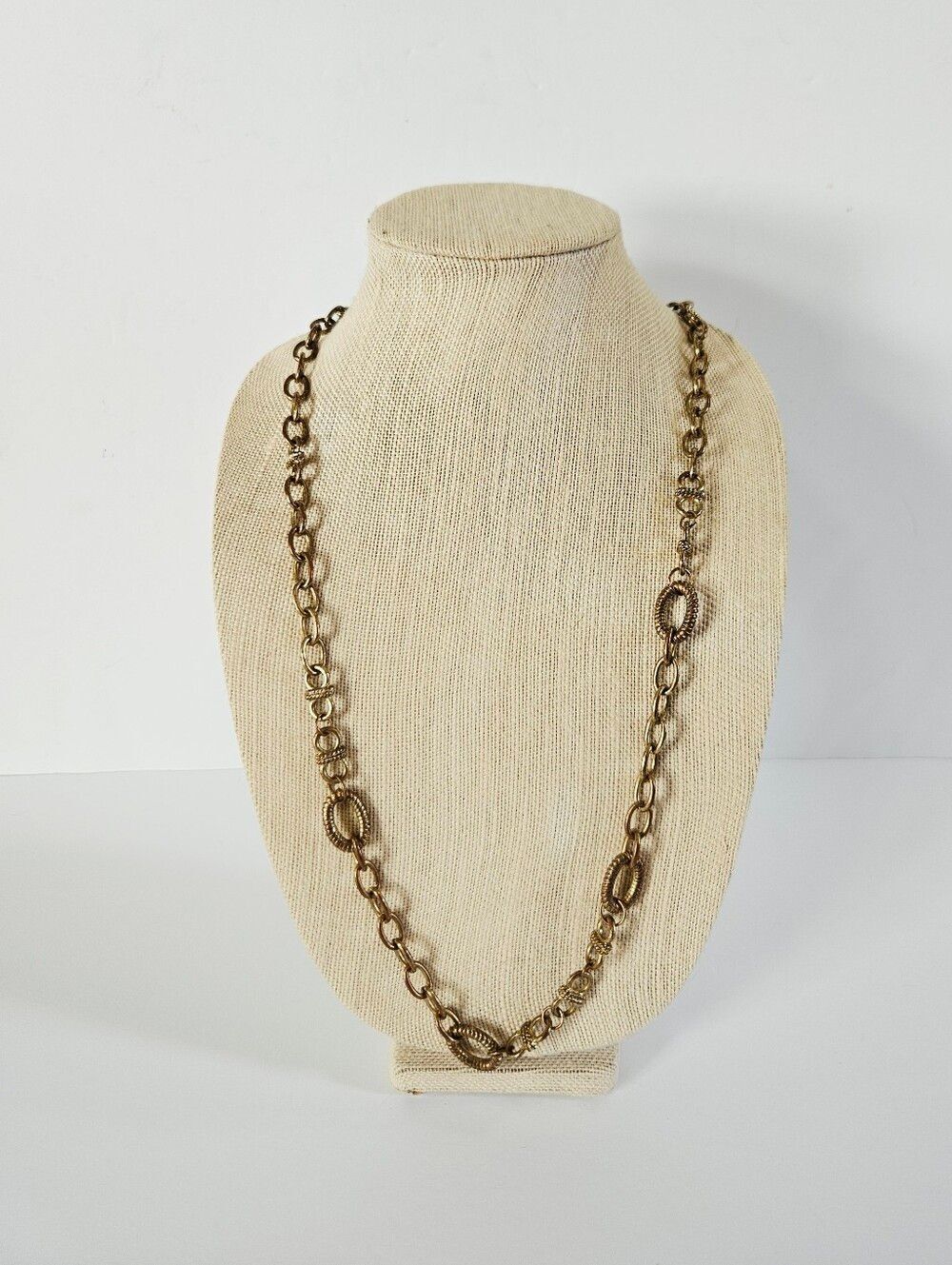Vintage Opera Length Gold Over Copper Chunky Textured Long Statement Necklace